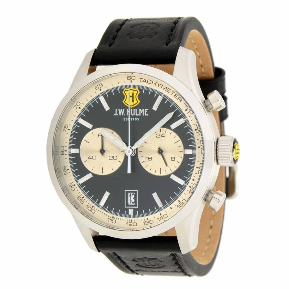 NEW J.W. HULME men's quartz multi function leather strap watch in silvertone/bla